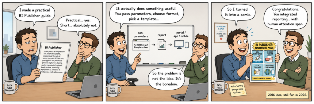 Three-panel office comic about turning a dry BI Publisher integration guide into a fun comic-style explanation.