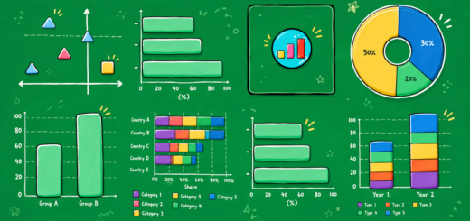 Cartoon-style green data dashboard with playful illustrated charts, including bar graphs, a scatter plot, stacked columns, and a colourful donut chart.
