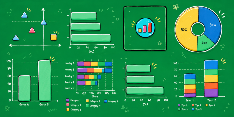 Cartoon-style green data dashboard with playful illustrated charts, including bar graphs, a scatter plot, stacked columns, and a colourful donut chart.