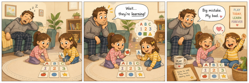 Three-panel comic showing a tired parent watching two children play a memory card game, then realising they are learning through play.