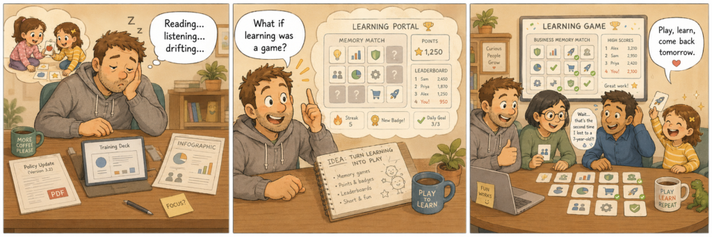 Three-panel comic showing a tired adult struggling with PDFs, slides, and infographics, then imagining a learning portal with memory games, points, badges, and a leaderboard.