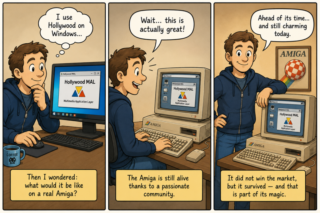 Three-panel comic of a person moving from using Hollywood MAL on a Windows PC to trying it on a real Amiga and appreciating its lasting appeal.