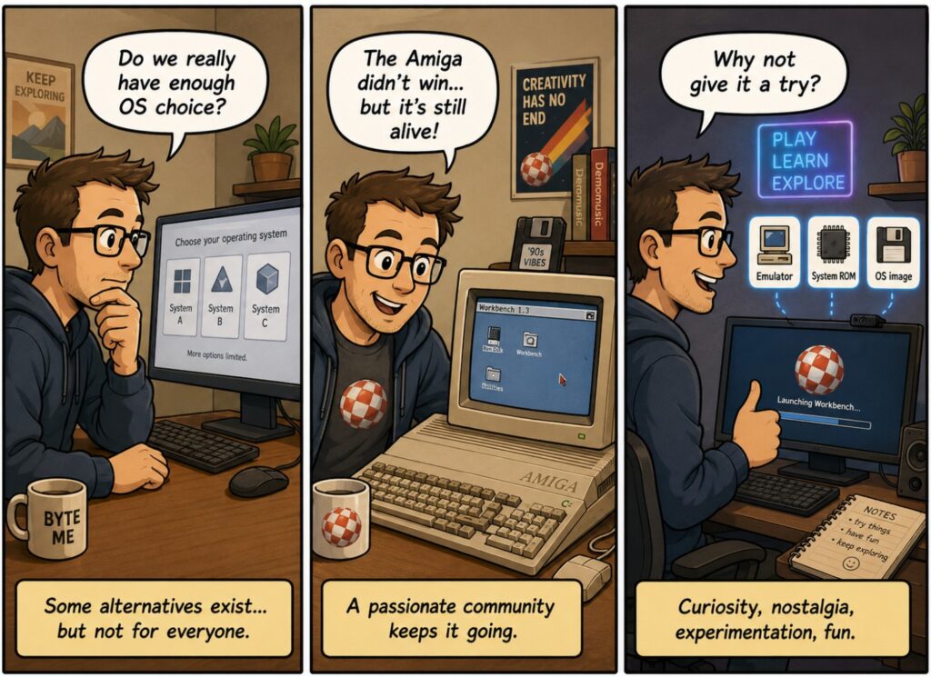 Three-panel comic about operating system choice, the surviving Amiga community, and trying Amiga emulation for fun on a modern computer.