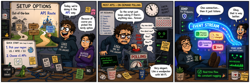 Three-panel comic about setting up an AMP for Endpoints to SIEM integration through APIs. In the first panel, a nerdy IT analyst points at a “Setup Options” board and chooses the “API Route,” with notes about picking the correct region, US, APJC, or EU, and choosing v1 APIs. A skeptical coworker jokes that he picked the nerdy option. In the second panel, the analyst looks exhausted while operating a machine labeled “Polling,” repeatedly checking for new data, surrounded by clocks, calendars, API resource lists, and warning notes. The coworker compares polling to a woodpecker with Wi-Fi. In the third panel, a glowing “Event Stream” flows smoothly from AMP for Endpoints into a happy SIEM client, carrying event bubbles such as process started, file changed, connection made, and alert. The analyst relaxes while the coworker admits the event stream approach is much better.