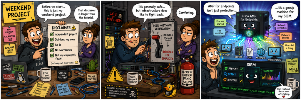 Three-panel comic showing a weekend IT side project about Cisco AMP for Endpoints and SIEM telemetry. In the first panel, an excited IT hobbyist holds a large disclaimer sheet listing “Independent project,” “Opinions my own,” “As is,” “No warranties,” and “Not my employer’s fault,” while a skeptical observer says the disclaimer is longer than the tutorial. In the second panel, the hobbyist nervously works on a server rack beside a large lever labeled “Peer Hostname Verification,” flipped to “Bypassed for Simplicity,” while warning signs and safety notes surround the lab. In the third panel, Cisco AMP for Endpoints collects activity from laptops, servers, files, network connections, and workstations, then sends colorful telemetry streams into a happy SIEM dashboard showing prevent, detect, respond, and telemetry data.