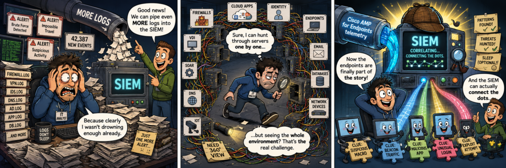 Three-panel comic showing an IT analyst overwhelmed by log data and SIEM alerts. In the first panel, a pipe labeled “More Logs” dumps paper logs into a SIEM while a coworker cheerfully announces more logs are being added. In the second panel, the analyst searches through individual servers with a magnifying glass, surrounded by tangled cables and data sources like firewalls, cloud apps, identity, email, databases, and endpoints. In the third panel, Cisco AMP for Endpoints telemetry flows into the SIEM, which acts like a detective engine correlating clues from endpoint devices and helping the analyst connect the dots.
