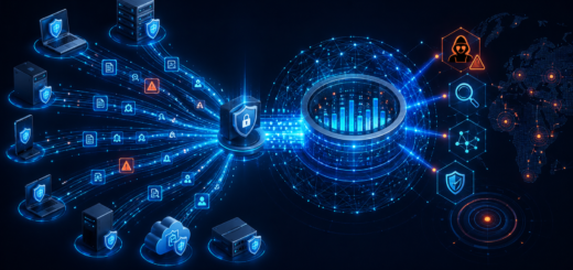 Glowing streams of security data flow from protected endpoints and servers into a central SIEM analytics hub, with threat, search, and shield icons on a dark blue cybersecurity background.