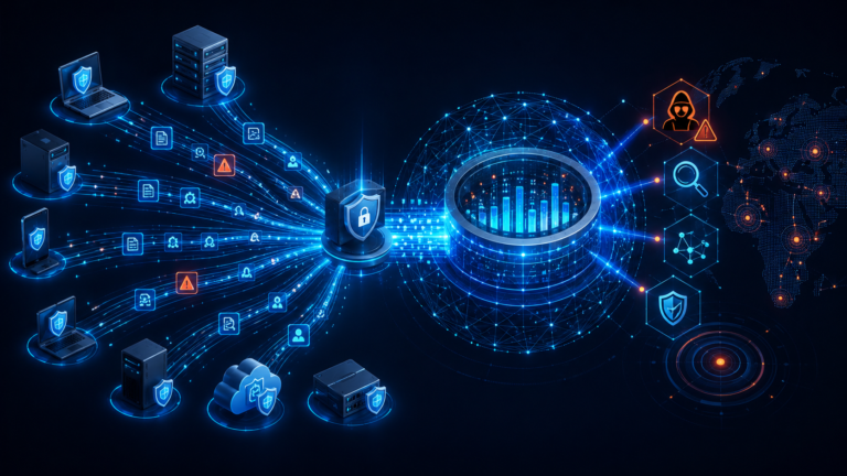Glowing streams of security data flow from protected endpoints and servers into a central SIEM analytics hub, with threat, search, and shield icons on a dark blue cybersecurity background.
