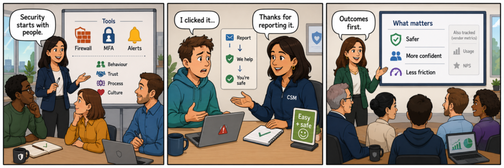 Three-panel comic about human-centred cybersecurity. In the first panel, a presenter stands beside a board showing tools like Firewall, MFA, and Alerts, alongside people-focused ideas such as behaviour, trust, process, and culture, while saying, “Security starts with people.” In the second panel, a worried employee says, “I clicked it…” and a supportive CSM replies, “Thanks for reporting it,” beside a simple report-and-help workflow and a sign reading “Easy + safe.” In the third panel, a presenter tells a mixed audience, “Outcomes first,” while a board titled “What matters” highlights Safer, More confident, and Less friction, with vendor metrics like Usage and NPS shown as secondary.