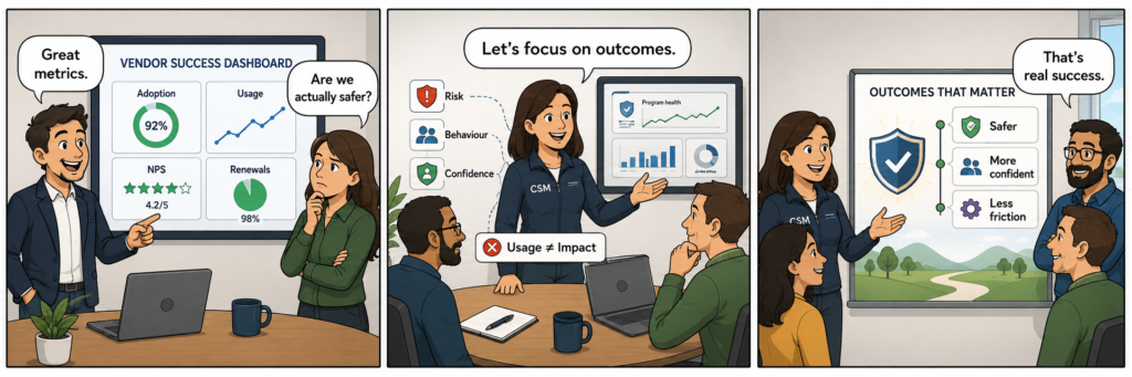Three-panel comic about metrics versus outcomes in cybersecurity Customer Success. In the first panel, a vendor representative points proudly at a dashboard showing Adoption, Usage, NPS, and Renewals, saying, “Great metrics,” while a customer asks, “Are we actually safer?” In the second panel, a Customer Success Manager stands with a customer team and says, “Let’s focus on outcomes,” with labels nearby such as Risk, Behaviour, and Confidence, plus a sign that says, “Usage ≠ Impact.” In the third panel, the team looks at a board titled “Outcomes That Matter” with simple outcome labels: Safer, More confident, and Less friction, while someone says, “That’s real success.”