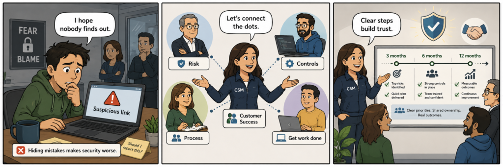 Three-panel comic about security culture and Customer Success. In the first panel, an anxious employee stares at a laptop warning about a suspicious link and thinks, “I hope nobody finds out,” while a sign in the background says “Fear” and “Blame.” In the second panel, a Customer Success Manager stands in the middle of different stakeholder groups labeled Risk, Controls, Process, and Get work done, saying, “Let’s connect the dots.” In the third panel, the CSM presents a roadmap with milestones for 3 months, 6 months, and 12 months, saying, “Clear steps build trust,” while a customer team looks on confidently beside trust symbols like a shield and handshake.