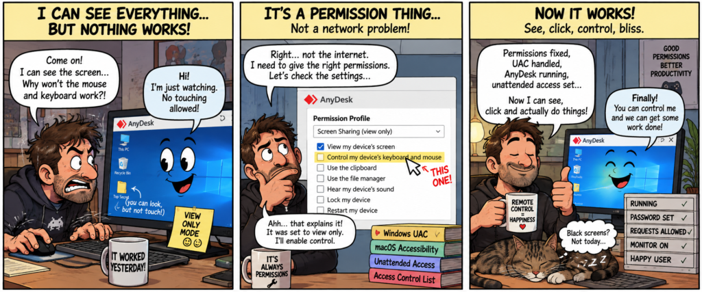 Funny three-panel AnyDesk comic showing a user who can see the remote screen but cannot control the mouse or keyboard until remote-control permissions are enabled