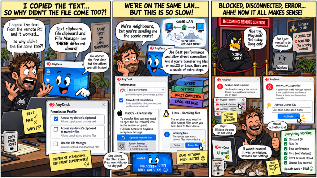 Funny three-panel AnyDesk troubleshooting comic covering clipboard and file-transfer permissions, slow LAN performance, Linux Wayland restrictions, session limits and licence activation