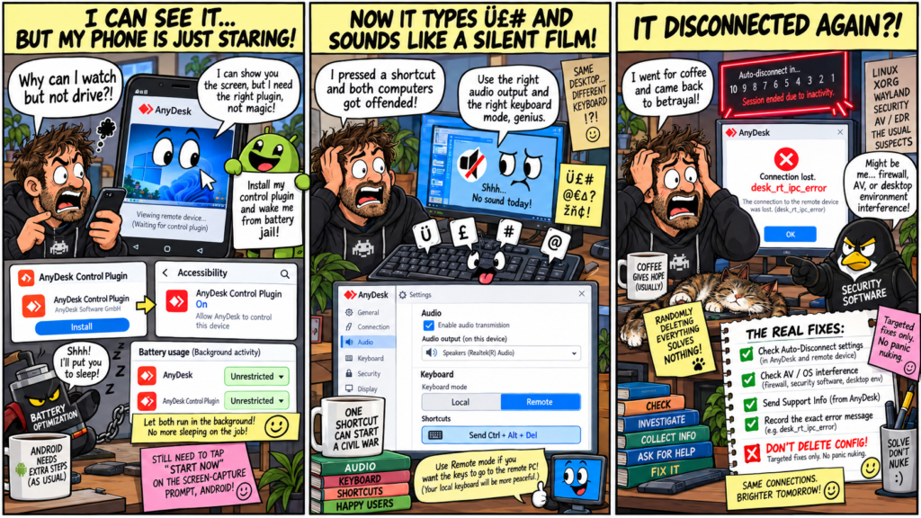 Funny three-panel AnyDesk comic covering Android control plugins and battery optimisation, missing remote audio and keyboard layout issues, and inactivity or desk_rt_ipc_error disconnects