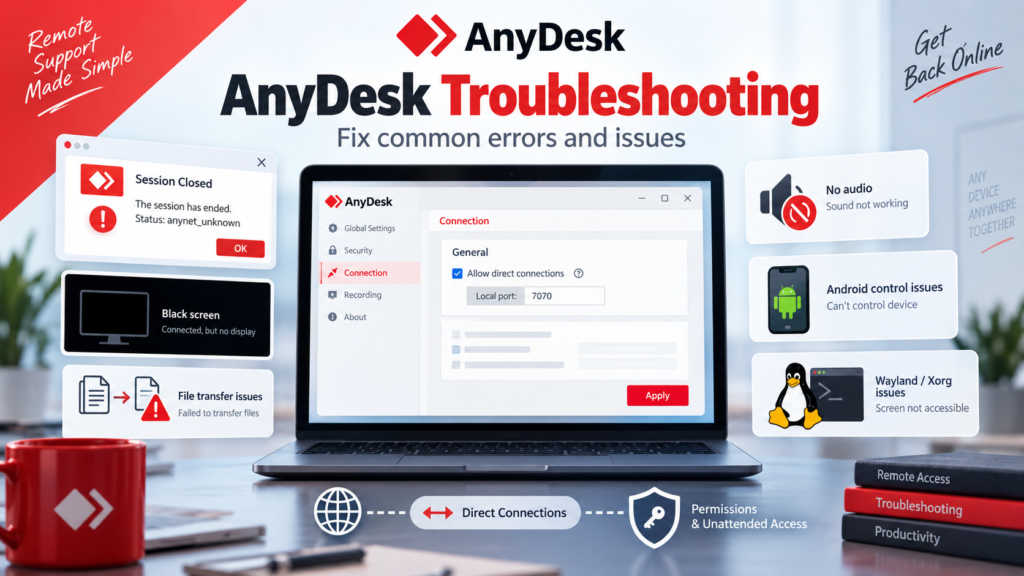 AnyDesk troubleshooting featured image showing connection errors, black screen, file transfer, audio, Android control, Linux Wayland and direct connection settings