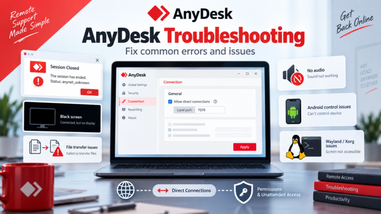 AnyDesk troubleshooting featured image showing connection errors, black screen, file transfer, audio, Android control, Linux Wayland and direct connection settings