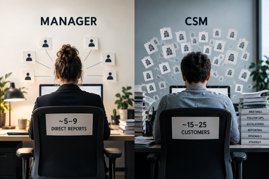 Split-screen illustration comparing a manager with 5–9 direct reports and a Customer Success Manager handling 15–25 customers plus meetings, escalations, reporting, renewals and strategy.