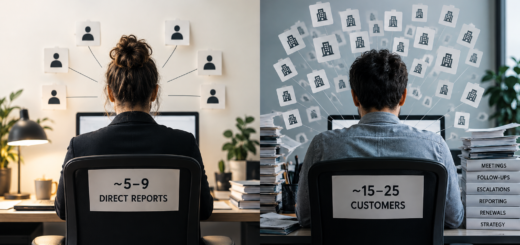 Split-screen illustration comparing a manager with 5–9 direct reports and a Customer Success Manager handling 15–25 customers plus meetings, escalations, reporting, renewals and strategy.