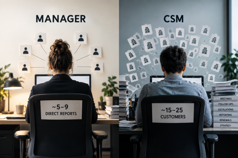 Split-screen illustration comparing a manager with 5–9 direct reports and a Customer Success Manager handling 15–25 customers plus meetings, escalations, reporting, renewals and strategy.