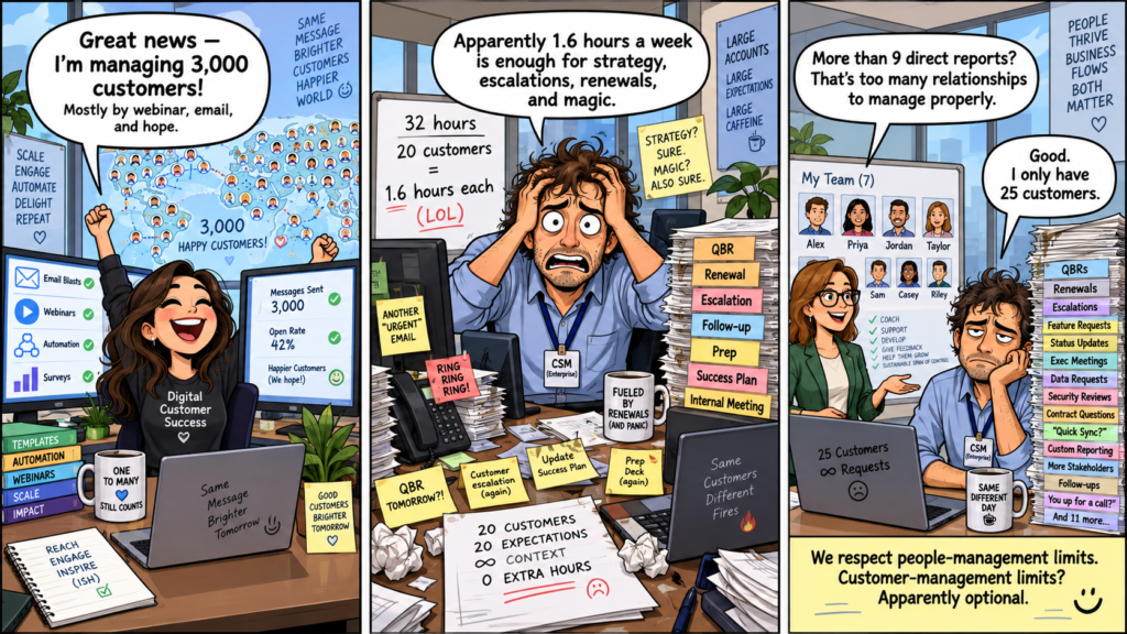 Three-panel comic showing digital Customer Success scaling to thousands of customers, an enterprise CSM overwhelmed by 20 accounts, and a manager explaining that too many direct reports are impossible to manage effectively.