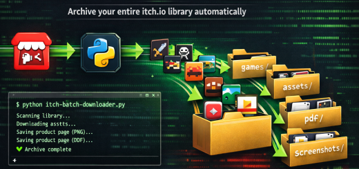 Banner illustrating a Python tool that batch downloads and archives an itch.io game library.
