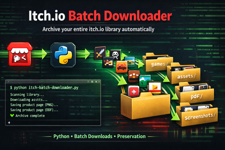 Banner illustrating a Python tool that batch downloads and archives an itch.io game library.