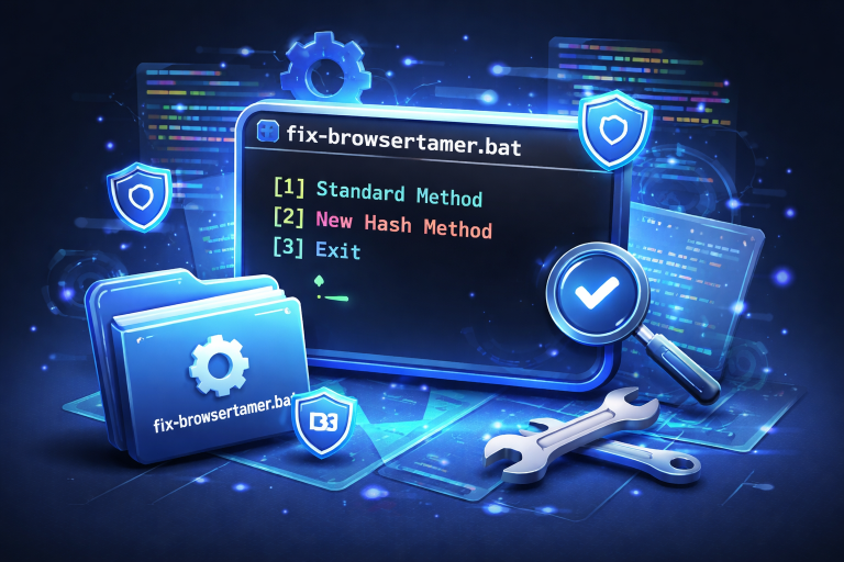 Illustration representing the fix-browsertamer script workflow for restoring Browser Tamer as the default browser on Windows