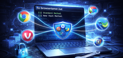 Illustration of a Windows laptop running a script to fix Browser Tamer as the default browser, routing links to multiple browsers