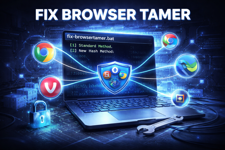 Illustration of a Windows laptop running a script to fix Browser Tamer as the default browser, routing links to multiple browsers
