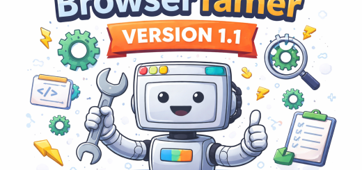 Illustrated BrowserTamer version 1.1 banner with a smiling robot holding a wrench, surrounded by gears, code icons and repair symbols