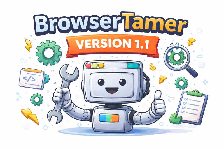 Illustrated BrowserTamer version 1.1 banner with a smiling robot holding a wrench, surrounded by gears, code icons and repair symbols