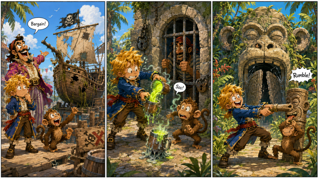 Bright three-panel pirate comic showing a used ship sale, a sizzling grog rescue at a jail, and a giant monkey-head gate opening in the jungle.