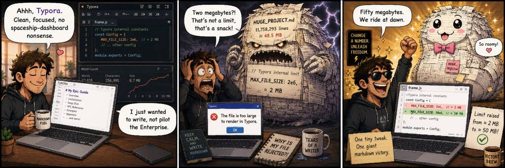 Comic strip about increasing Typora’s file size limit from 2 MB to 50 MB.