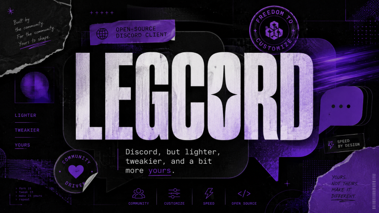 Dark editorial poster for Legcord in black and purple, with bold typography, abstract chat shapes, and underground zine-style graphic elements.