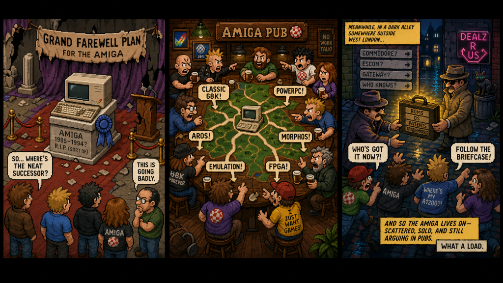 Three-panel pixel-art comic strip, showing the Amiga’s messy afterlife: a failed “grand farewell,” fans arguing in an Amiga pub over different futures, and a shady alleyway handover of Amiga assets in a glowing briefcase.