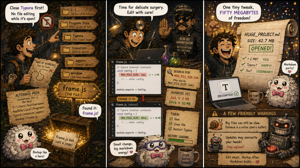 Comic strip showing how to find and edit Typora’s frame.js file to raise the file size limit.