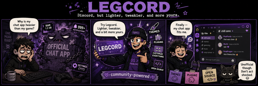 Three-panel comic strip about Legcord, showing a frustrated user with a heavy chat app, a friend recommending Legcord, and a happy customised open-source chat setup.