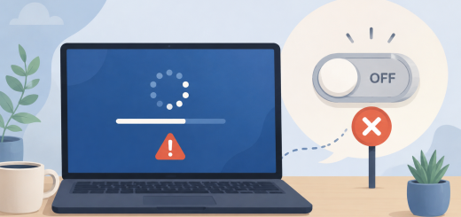 Illustration of a laptop stuck on an update screen with a warning icon, while an OFF switch blocks the process.