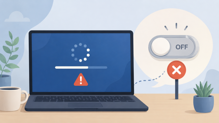 Illustration of a laptop stuck on an update screen with a warning icon, while an OFF switch blocks the process.