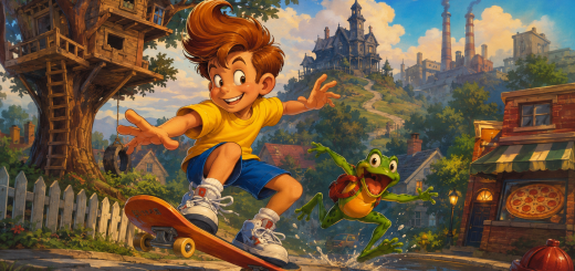 Cartoon-style illustration of a boy skateboarding through a suburban street with a green frog beside him, a tree fort on the left, a haunted-looking mansion on a hill, a pizza shop, and factory chimneys in the distance.