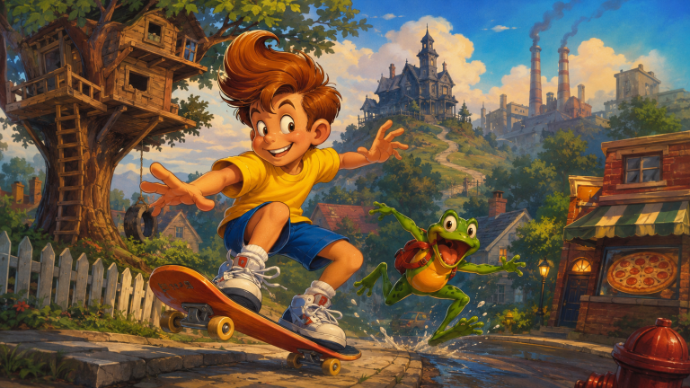 Cartoon-style illustration of a boy skateboarding through a suburban street with a green frog beside him, a tree fort on the left, a haunted-looking mansion on a hill, a pizza shop, and factory chimneys in the distance.