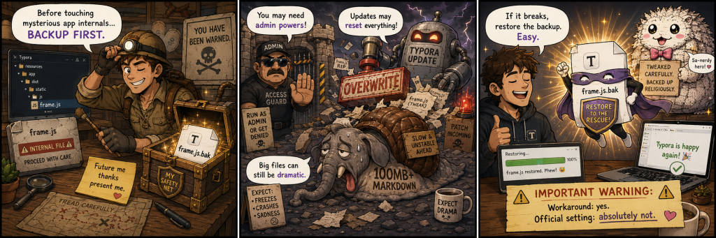 Comic strip warning to back up Typora’s internal files before changing the file size limit.