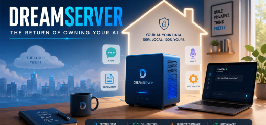 DreamServer local AI server on a desk beside a laptop, with icons for chat, documents, voice, and automation.