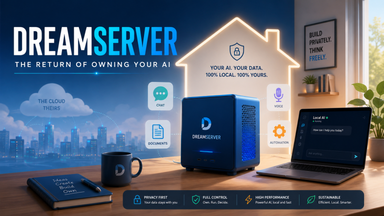 DreamServer local AI server on a desk beside a laptop, with icons for chat, documents, voice, and automation.