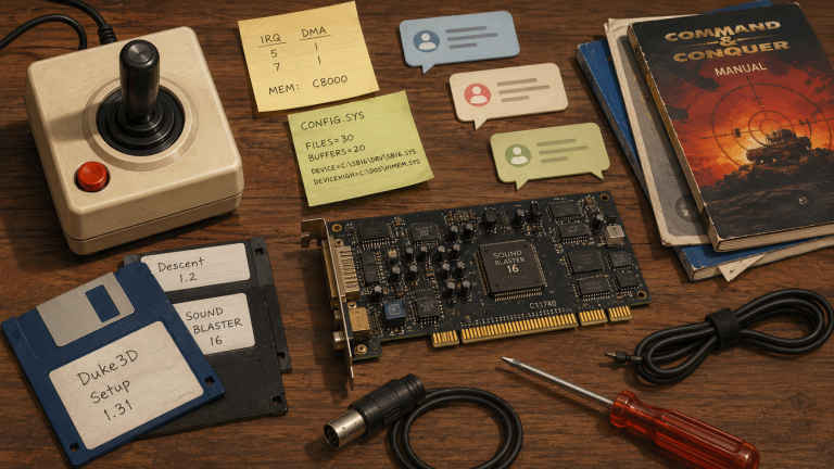 Retro gaming repair desk with joystick, floppy disks, circuit board, notes, cables and tools.