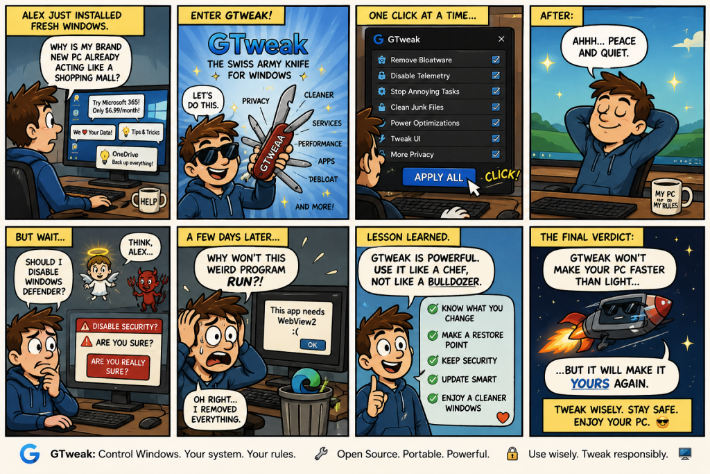 Comic strip about GTweak cleaning up Windows