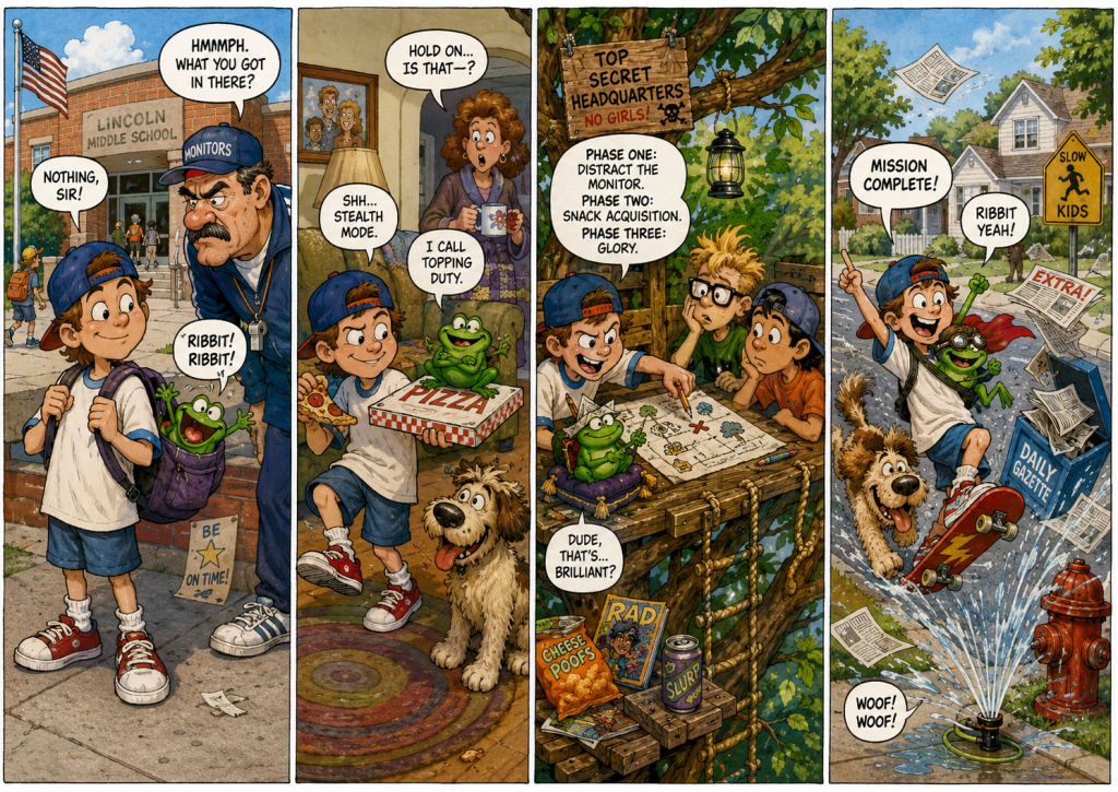 Four-panel cartoon comic strip showing a mischievous boy with a frog companion and shaggy dog getting into trouble at school, sneaking pizza at home, planning in a tree fort, and escaping on a skateboard through a chaotic suburban street.
