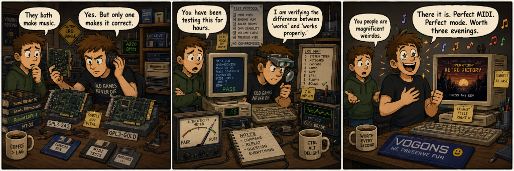 Three-panel comic about retro PC fans obsessively testing sound cards, video modes and MIDI until an old game runs perfectly.