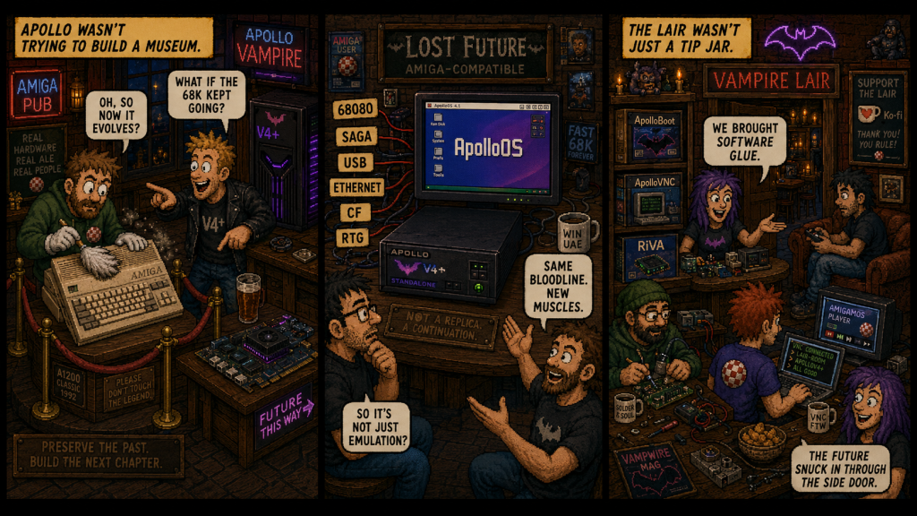 Three-panel pixel-art comic, showing Apollo Vampire as a forward-looking Amiga-compatible path: a classic Amiga being preserved on one side, Apollo V4+ and ApolloOS presented as the “lost future” in the middle, and Vampire Lair shown as a lively community clubhouse full of software, tools, and tinkerers.