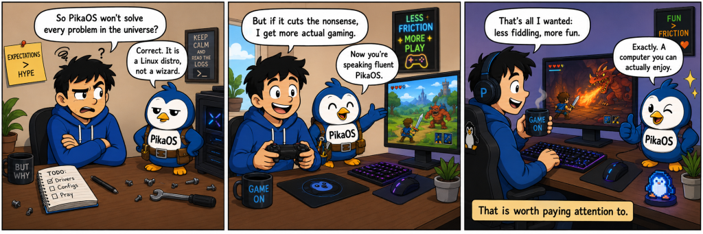 Comic showing a gamer and PikaOS mascot agreeing that the goal is less setup, less fiddling, and more actual gaming.